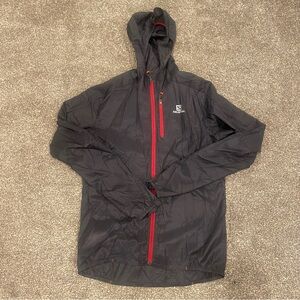 SALOMON Fast Wing Hoodie Mens Small Anthracite/Red Windbreaker ClimaWind Pro